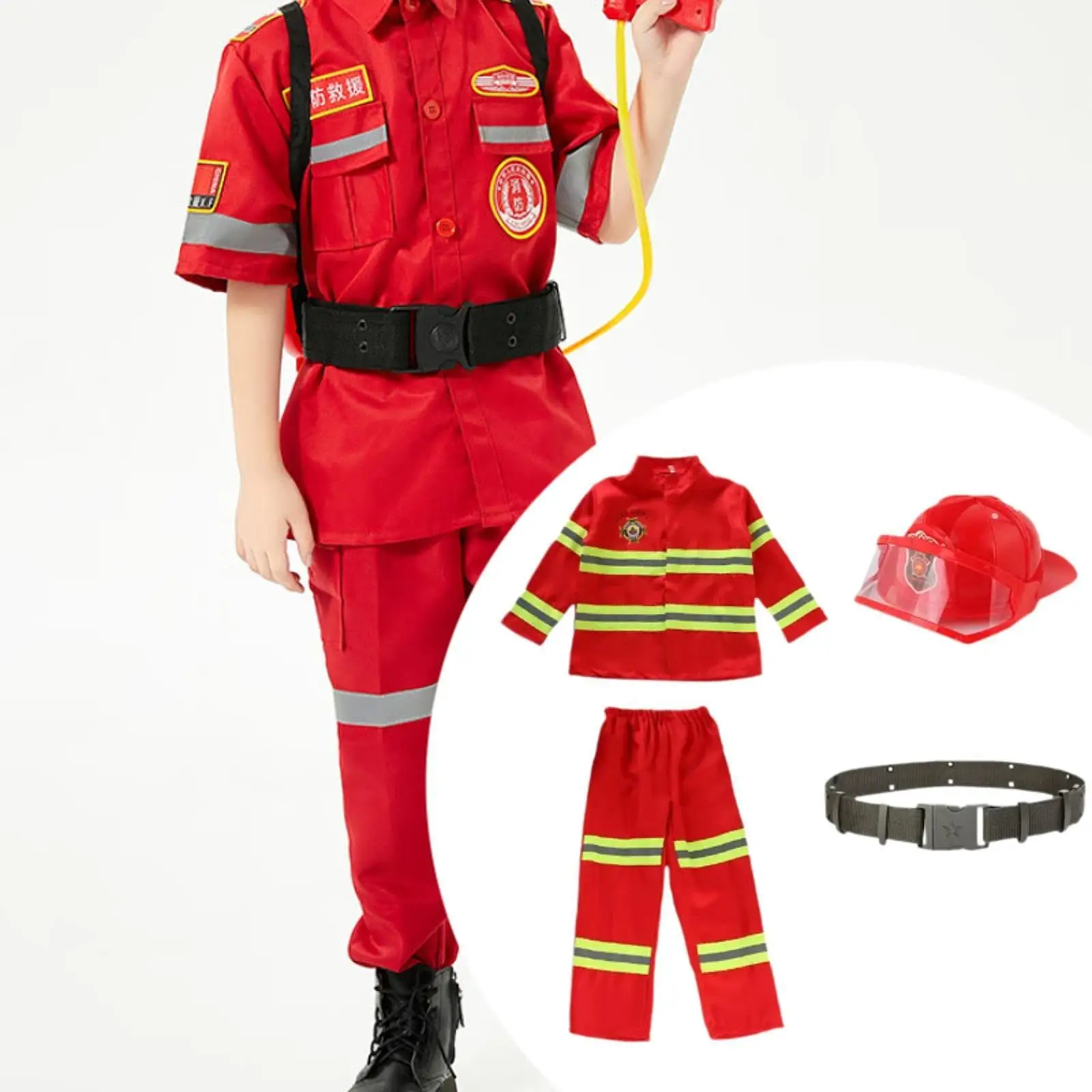مجموعة لعب دور رجال الإطفاء للأطفال زي رجل الإطفاء من البوليستر مع معدات قبعة لعيد الميلاد والهالوين #3