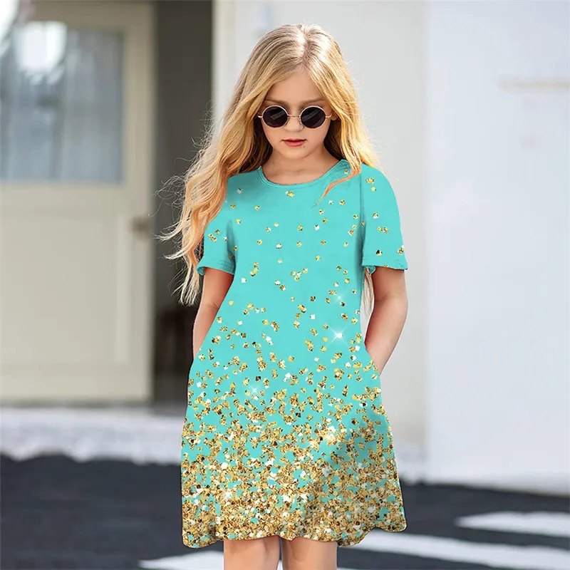 Children's Clothing Highlights Short Sleeved Dress Round Neck Knee-Length Pocket Fashion