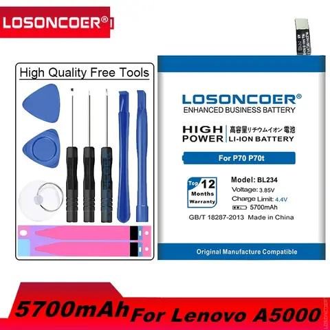 LOSONCOER 5700mAh BL234 Battery For Lenovo A5000 Vibe P1M P1MA40 P70 P70t P70-T P70A P70-A Battery