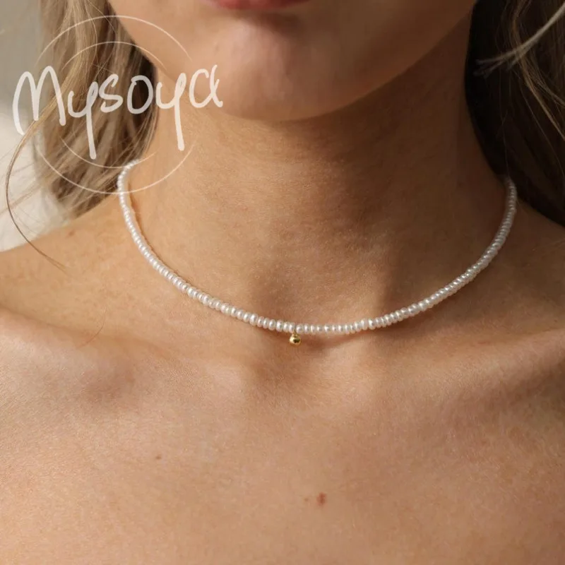 MYSOYA قلادة لؤلؤ المياه العذبة البيضاء 3-4 ملم مع صندوق هدايا، هدية لها/له، عيد ميلاد/زفاف/ذكرى سنوية/هدية عيد الميلاد