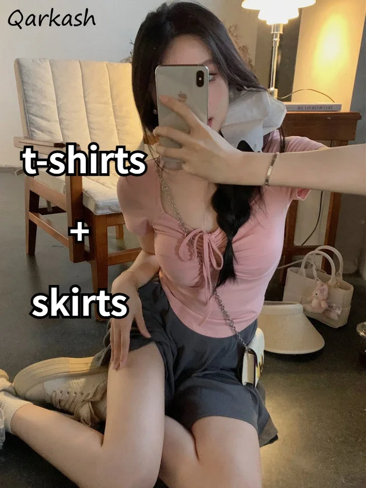

2 Pcs Sets Women Summer Bandage Slim T-shirts Pleated Mini Skirts Hotsweet Casual Girlish All-match Students Fashion Clothing