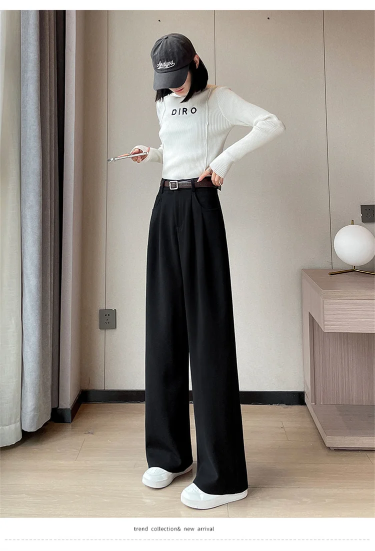 2023 Autumn and Winter New Wool Blended Wide-Leg Pants Straight Mopping Pants High Waist Slim Lengthened Casual Pants for Women