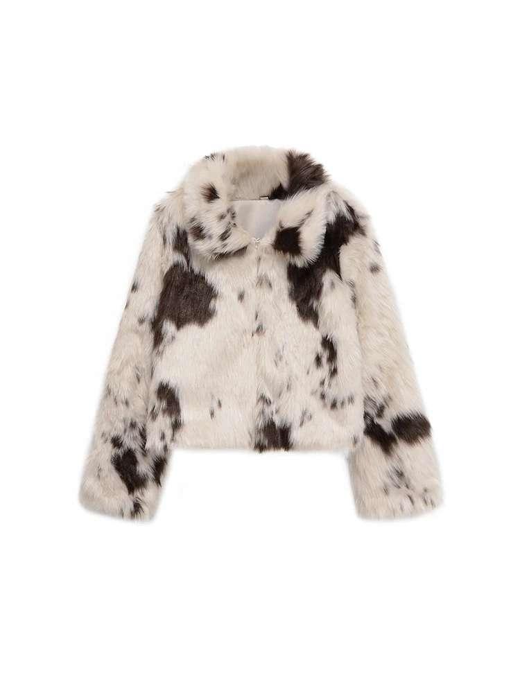 سترة نسائية جديدة على الطراز الأوروبي عصرية ومتعددة الاستخدامات وأنيقة وطية صدر السترة وأكمام طويلة من الجلد الصناعي بطبعة حيوانات.