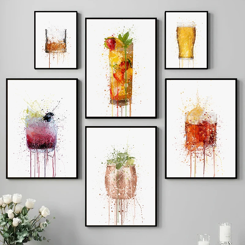 Cocktail Champagne Flute Red Wine Watercolor Wineglass Poster Canvas Painting Wall Art Picture Bars and Clubs Kitchen Home De