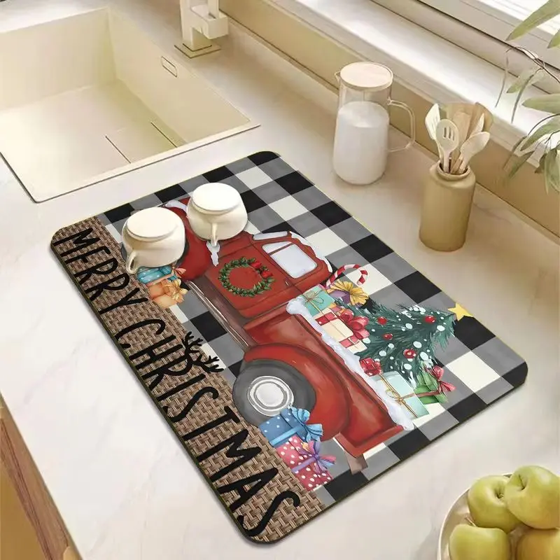 VIKAMA Merry Christmas Dish Drying Mat Plaid Tree Print Absorbent Non Slip Counter Pad For Dining Room Holiday Festive Decor