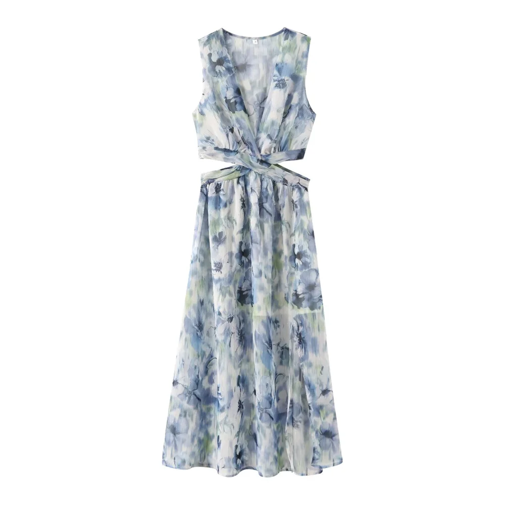 เดรสพิมพ์ลายเส้นโลหะเปิดเอวเซ็กซี่ คอวี สไตล์หวานซ่อนเปรี้ยวแบบยุโรปและอเมริกา สำหรับผู้หญิง ฤดูร้อน