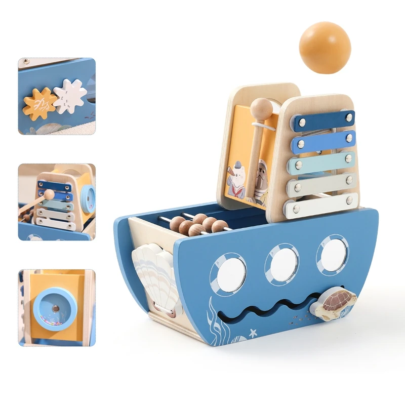 

Baby Wooden Montessori Toys Cartoon Wooden Ship Multi-function Game Music Percussion Toy Sensory Educational Toys For Newborns