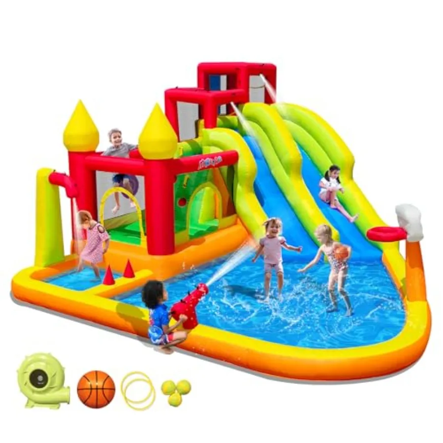 

Backyard inflatable bounce house with slide for kids: PVC blue and red includes air blower splash pool water cannon climbing wa