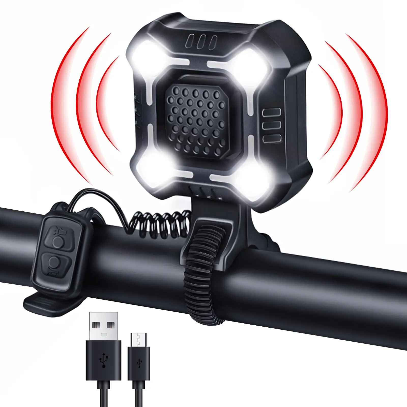 Electric Bike Horn 140dB Loud Sound with Integrated Light, 6 Sound Modes, 8 Lighting Modes, USB-C product photo