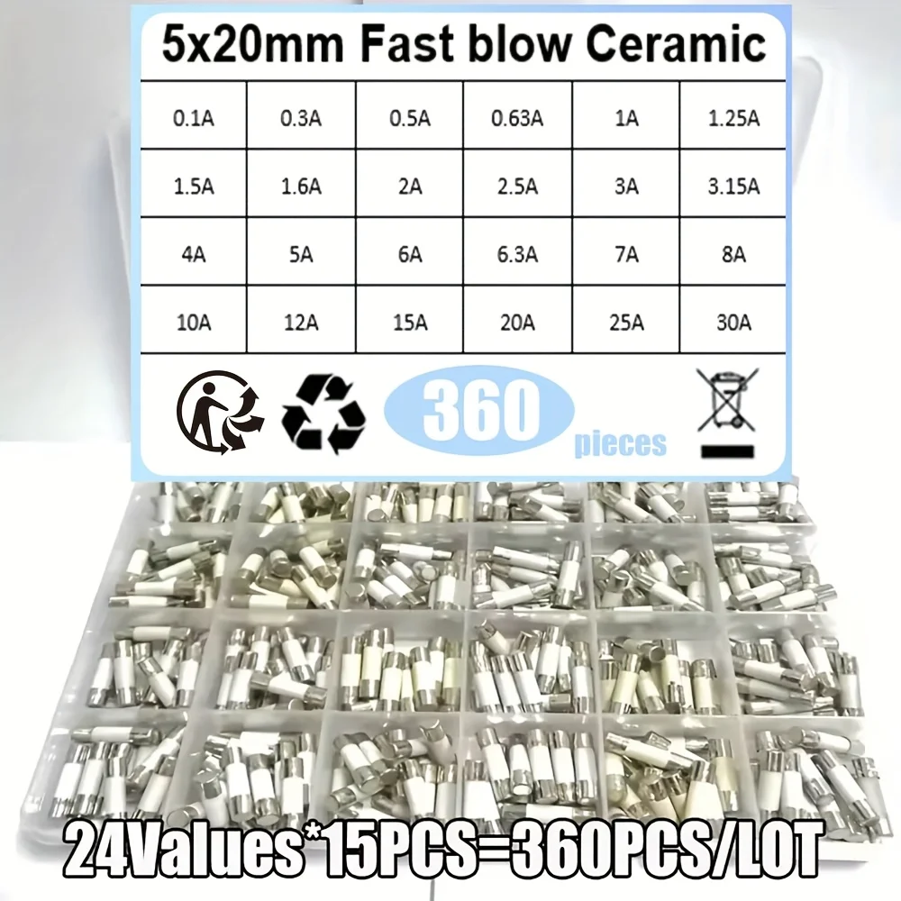 360Pcs/Box 24Values  5*20mm Fast Blow Ceramic Fuse 250V 0.1A 0.25A 0.5A 1A 1.5A 2A 2.5A 3A 3.15A 4A 5A 6A 6.3A 8A 10A 15A 16A