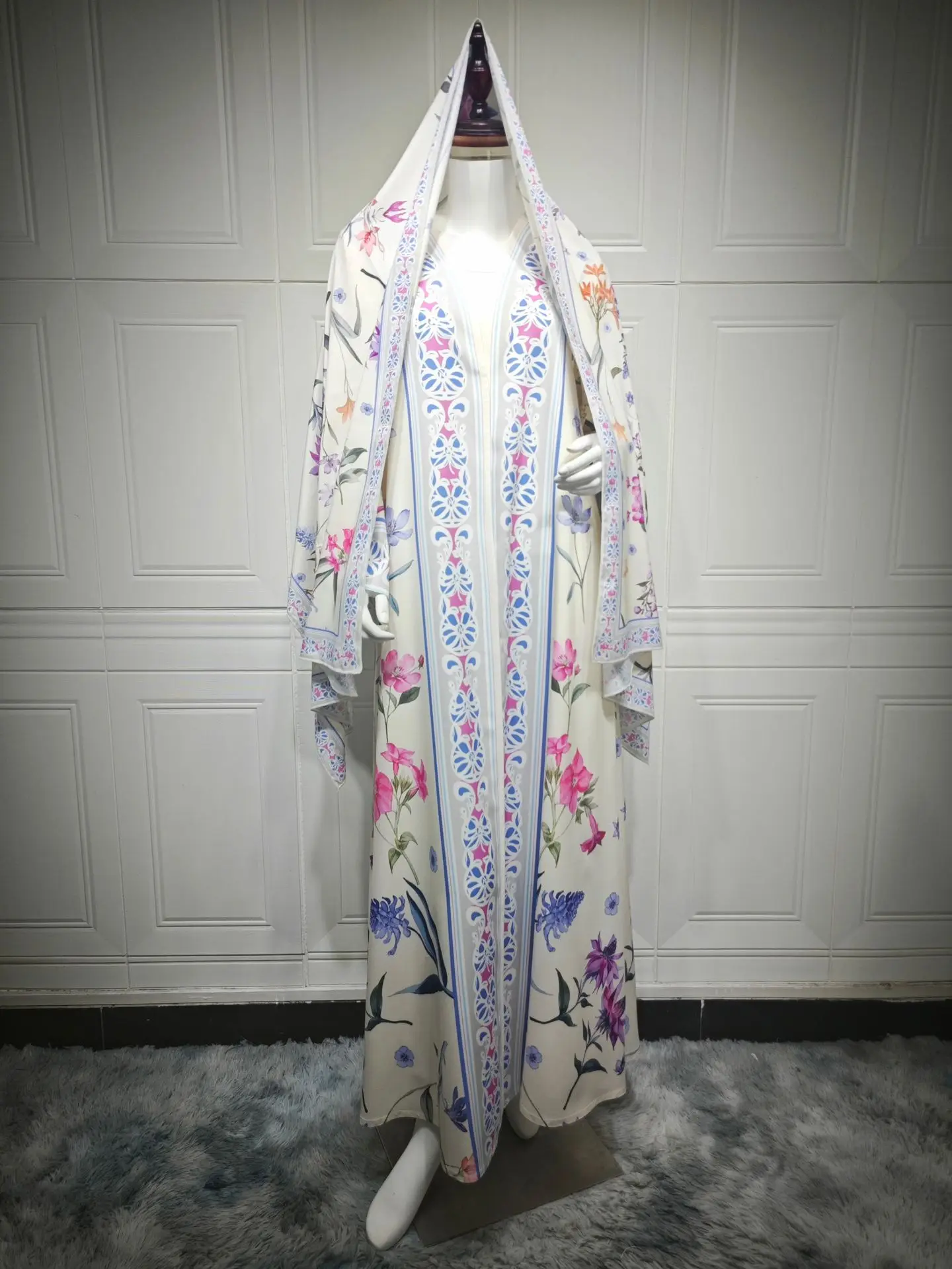 2025 Summer Dubai Abaya 2 Piece Set Floral Cardigan with Hijab for Muslim Women Islamic Eid Ramadan Arabic Clothing