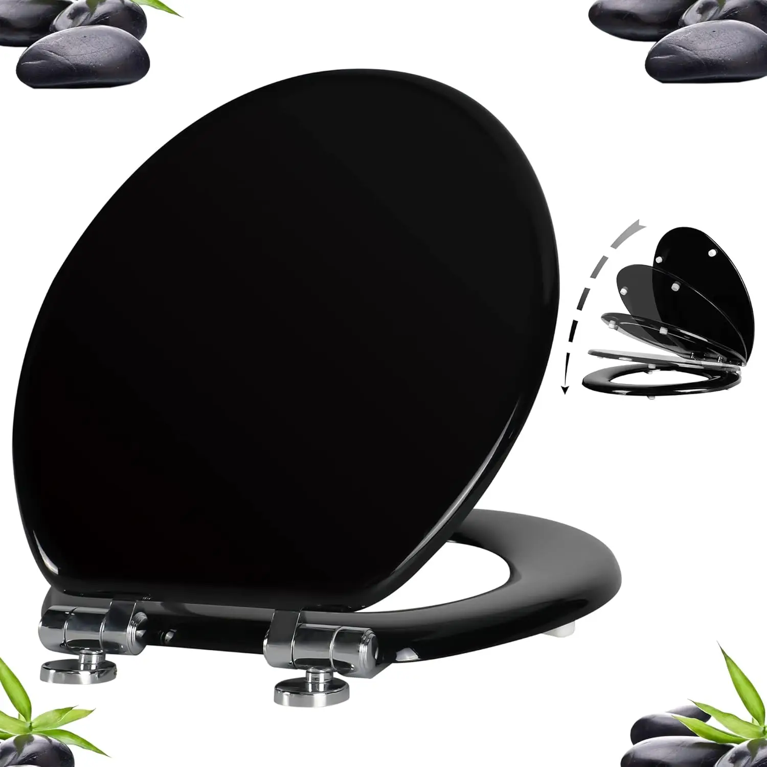 

Quiet-Close Quick-Release Toilet Seat with Zinc Alloy Hinges, Easy Clean Wood Molded UV Lid (Round, Black)