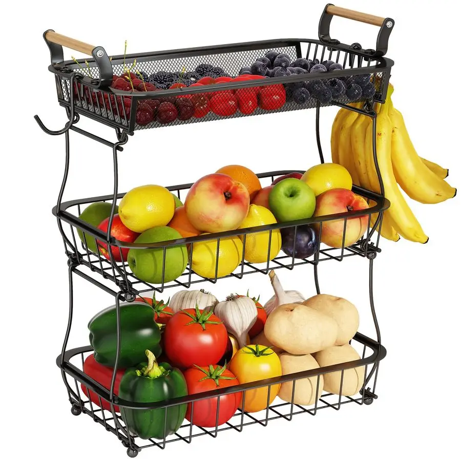 

3 Tier Fruit Basket with 2 Banana Hangers, Countertop Fruit Vegetable Basket Bowl for Kitchen Counter Metal Mesh Basket Fruits S