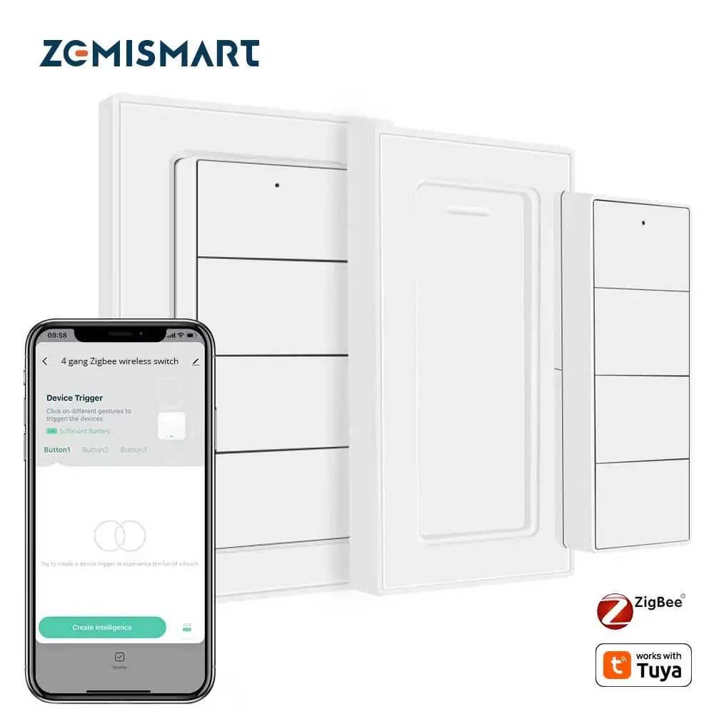Zemismart Zigbee Wireless Switch,US Standard Scene Controller, Work with Tuya App, Google Home, Homey, Hubitat, Smartthings