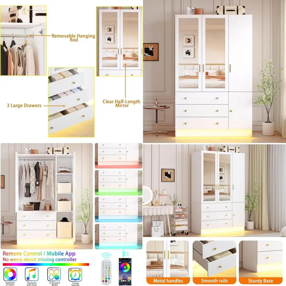 

White 75 Tall Wooden Armoire with Mirror and Hanging Rod for Bedroom Closet Storage