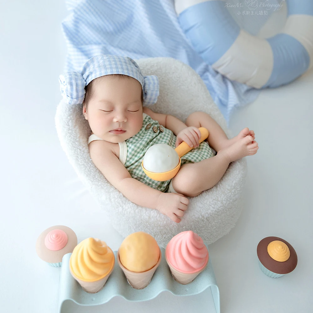 Beach Style Baby Photography Clothing Swimming Ring Ice Cream Newborn Photo Props Fresh Color Baby Clothing + Hat Headscarf Set