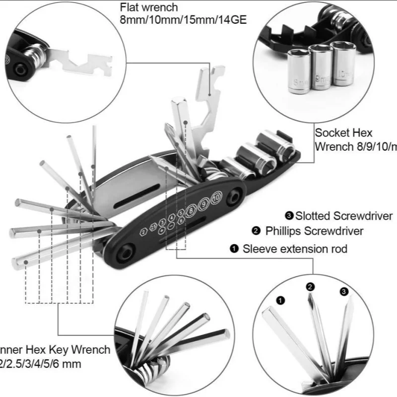 16 in 1 Bike Multitool Portable Multi-Functional Tools Emergency Maintenance Repair Cycling Mountain Bike Multitools For Bicycle