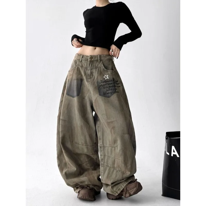 Women Wasteland Style Dirty Dye Graffiti Wide Leg Jeans High Waist Loose Cargo Pants Draped Floor Length Ins Streetwear Trousers