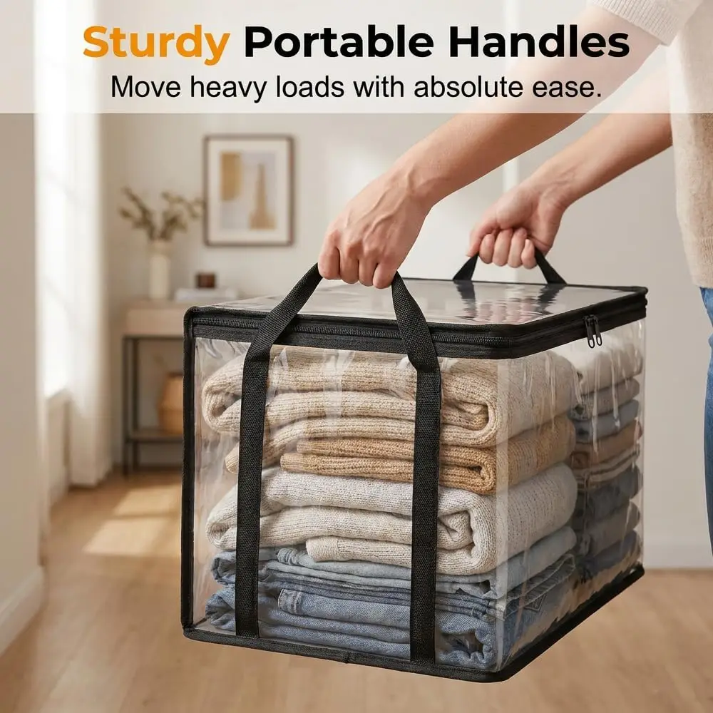 2pcs Foldable Clothes Storage Bags Plastic Clear Toys Storage Bag with Hinged Lid Moving Box Storage for Clothes Packing, Books