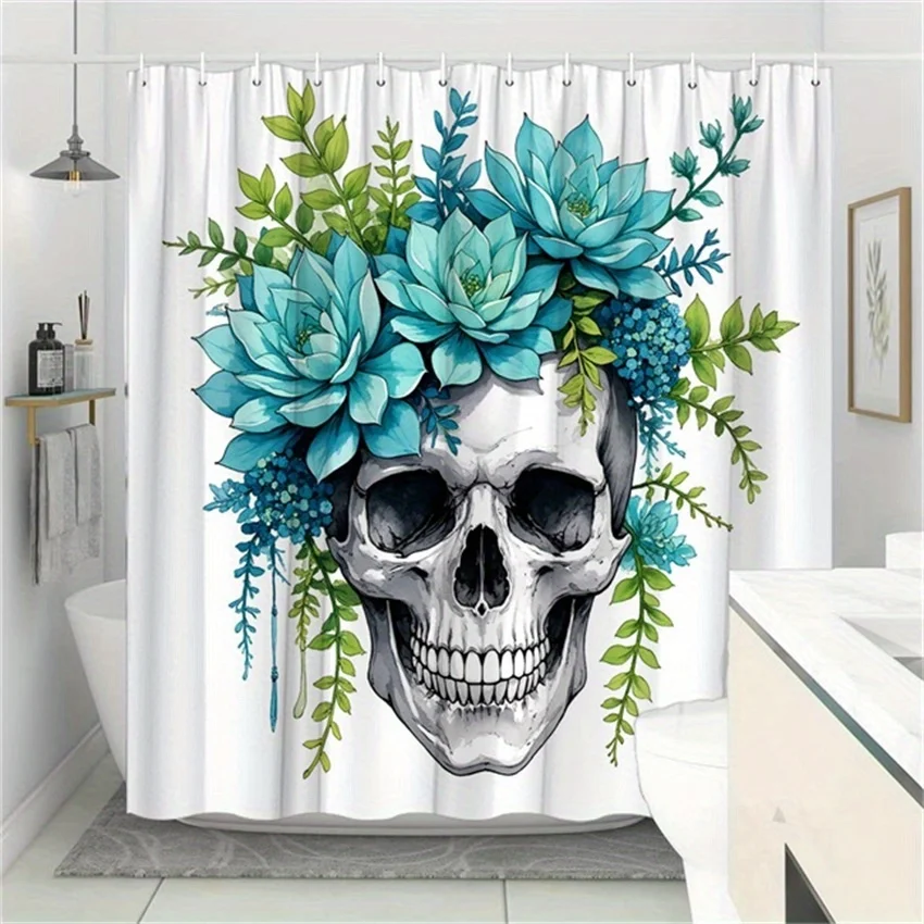 Gothic Skull & Succulent Shower Curtain - Vibrant Botanical Design Black White Bone Texture, Teal & Blue Floral Accents