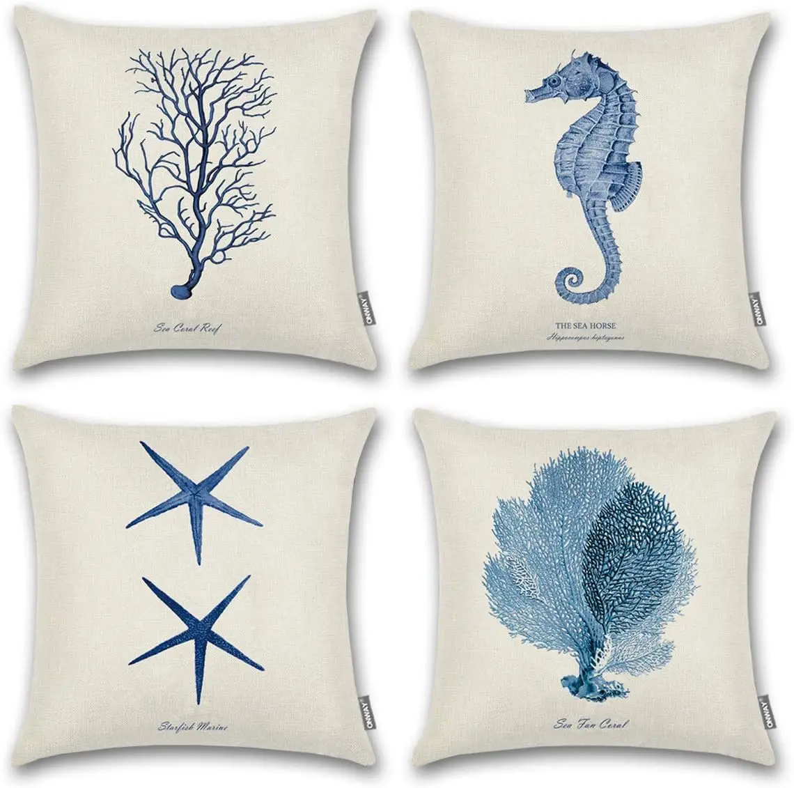 Ocean Park Linen Decorative Pillow Case Square Shape Ocean Beach Sea Print Seahorse Travel Blue