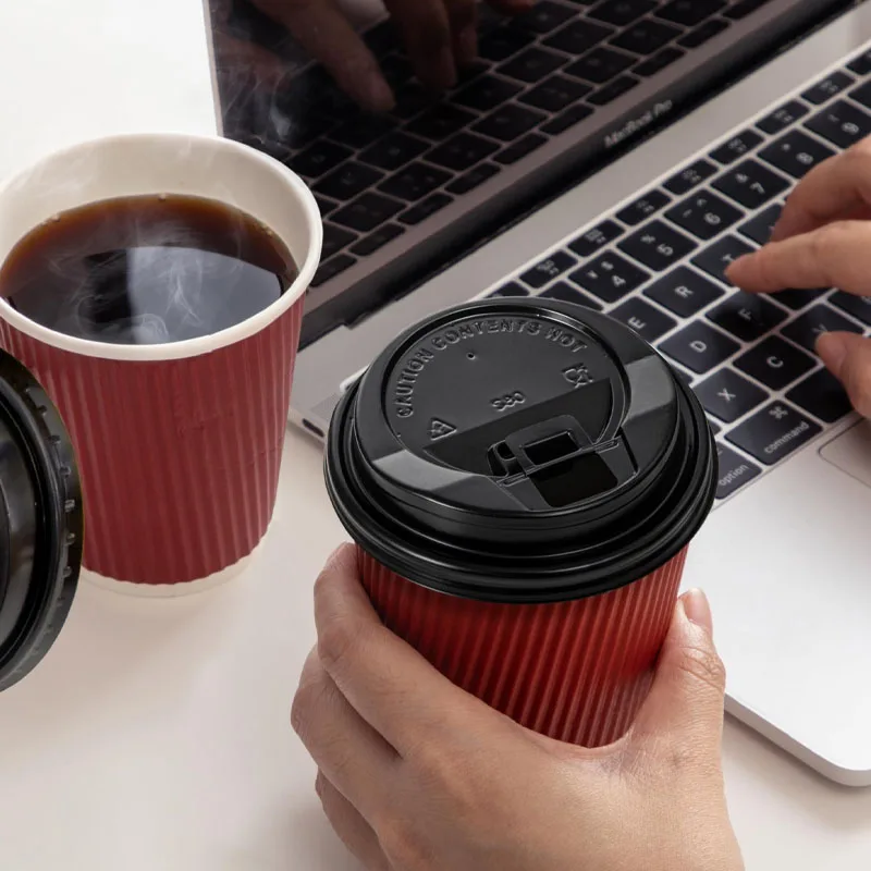 45pcs 8oz  Double-Walled Insulated Corrugated Cardboard Coffee Cups Thickened Disposable Striped Portable Paper Cups With Lids - Image 3