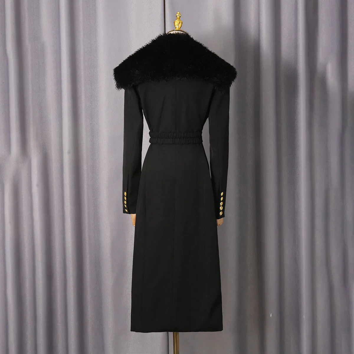 KWTX Women's Black Trench Coat Faux Fur Collar Belted Waist Mid-Length Casual Elegant Vintage Designer Autumn Winter 2025 New