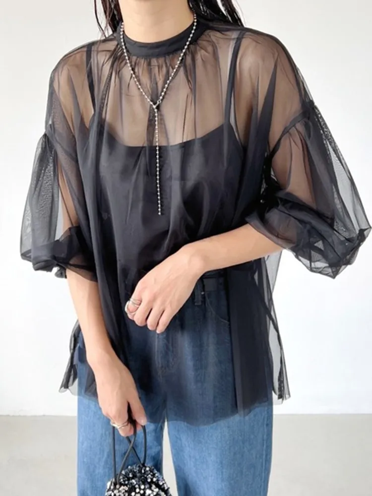 ECR Casual Patchwork Sheer Mesh Blouses For Women Round Neck Long Sleeve Minimalist Solid Loose Shirts Female Spring Fashion New