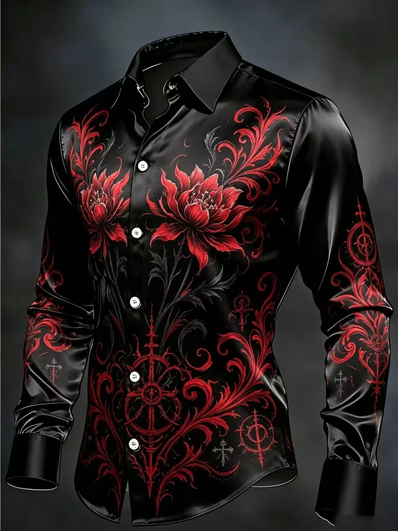 New Red Lotus Cross Baroque Vine 3D Printed Long Sleeve Shirt With Smooth Drop And Satin Collar For Men