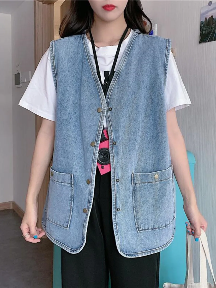 Large Size Denim Vest Women Spring Autumn Loose Fitting Outerwear Sleeveless Cargo Denim Vest Tank Top Jacket Streetwear