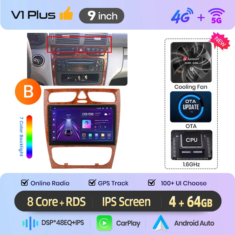 Junsun Android Auto autoradio voor Benz C-Klasse W203 C200 C320 C350 CLK W209 2000-2005 Multimedia draadloze Apple CarPlay slimme intelligente systemen IPS touchscreen stereo videospeler 2 Din