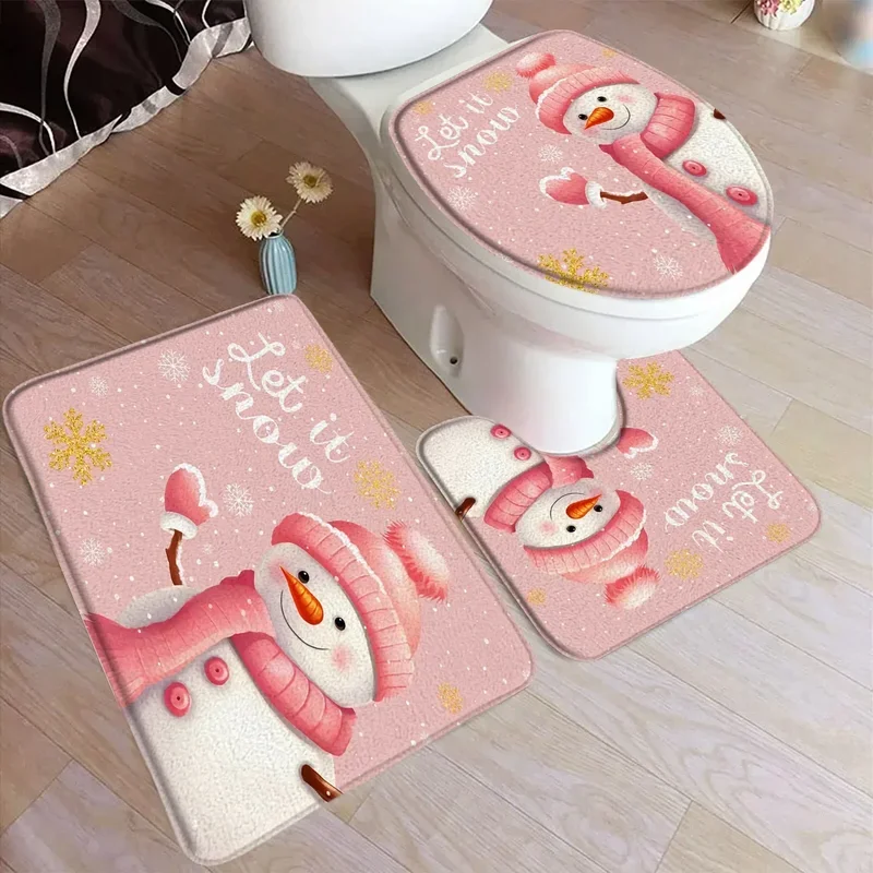 Funny Christmas Bath Mat Set Cute Snowman Santa Claus Red Balls Xmas Trees Carpet Home Decor Bathroom Floor Rug Toilet Lid Cover