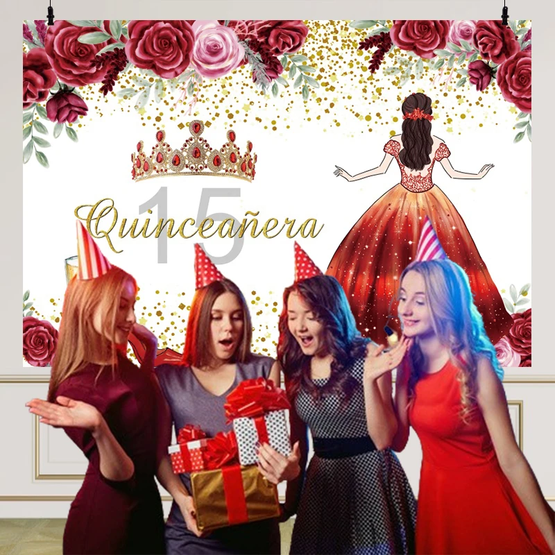 ฉากหลังวันเกิด15th สำหรับเด็กผู้ชายเด็กผู้หญิง15คนที่ตกแต่งงานปาร์ตี้มงกุฎแดงอายุสิบห้าปีอุปกรณ์ประกอบฉากแบนเนอร์
