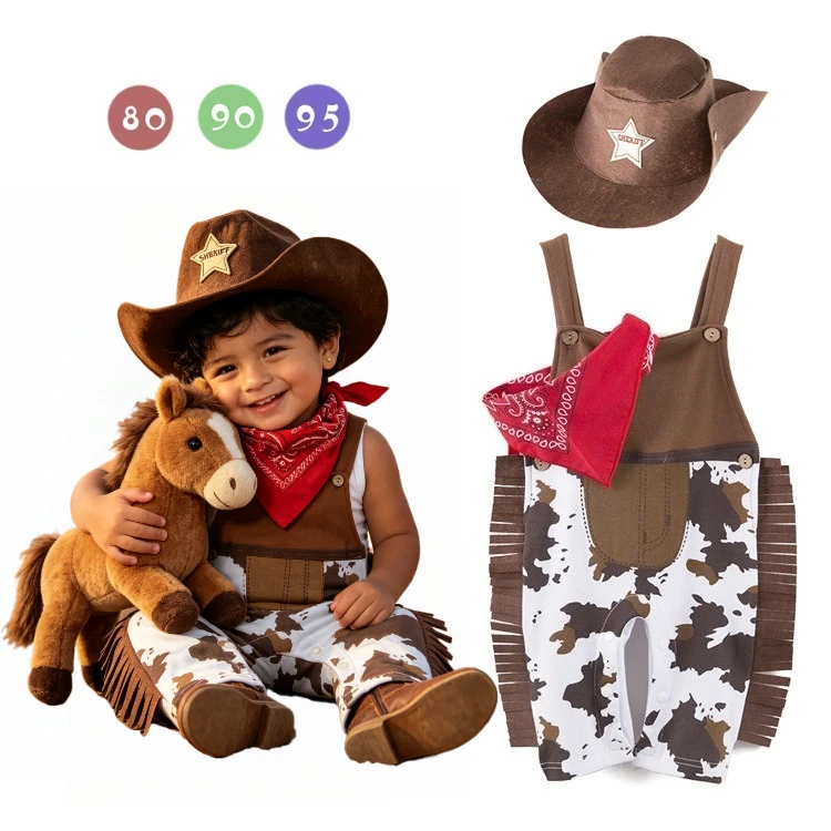 Toddler Baby Boy Western Cowboy Costume Cow Print Fringe Overalls Sheriff Hat Red Bandana Kids Halloween Party Cosplay Outfit