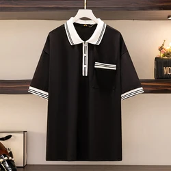 Plus-size Women's Summer Casual Commute Loose comfort T-shirt Black simple polo collar button-up pocket short-sleeved top large