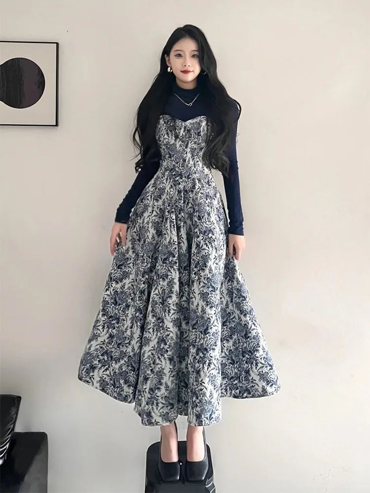 

Комплект из платья-рубашки и укороченного топа больших размеров с цветочным принтом, скрывающий живот, высокое качество, весна-лето-осень-зима, корейский стиль