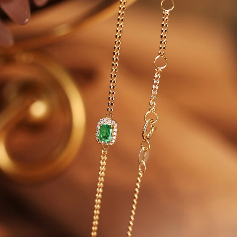 LUOWEND 100% 18K Yellow Gold Bracelet Elegant Style Shiny Diamond Natural Emerald Bracelet for Women High Party Jewelry