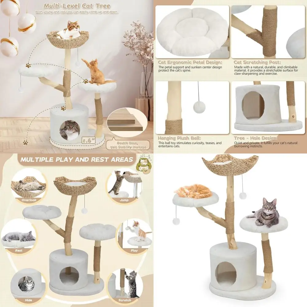 Elegant Multi-Level Wooden Cat Tower with Flower Perches, Scratching Post, and Hanging Ball - Chic Indoor Cat Furniture with Con