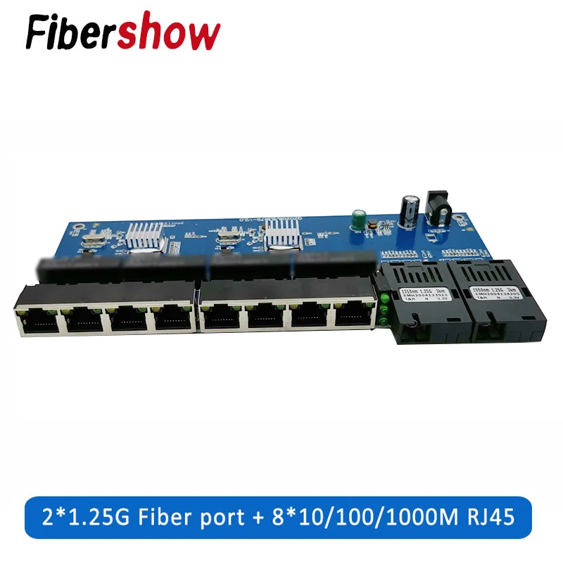 光ファイバーメディアコンバーターポート,ギガビットイーサネットスイッチ,PCba 8,rj45,utp,2 sc,10 m, 100 m, 1000m