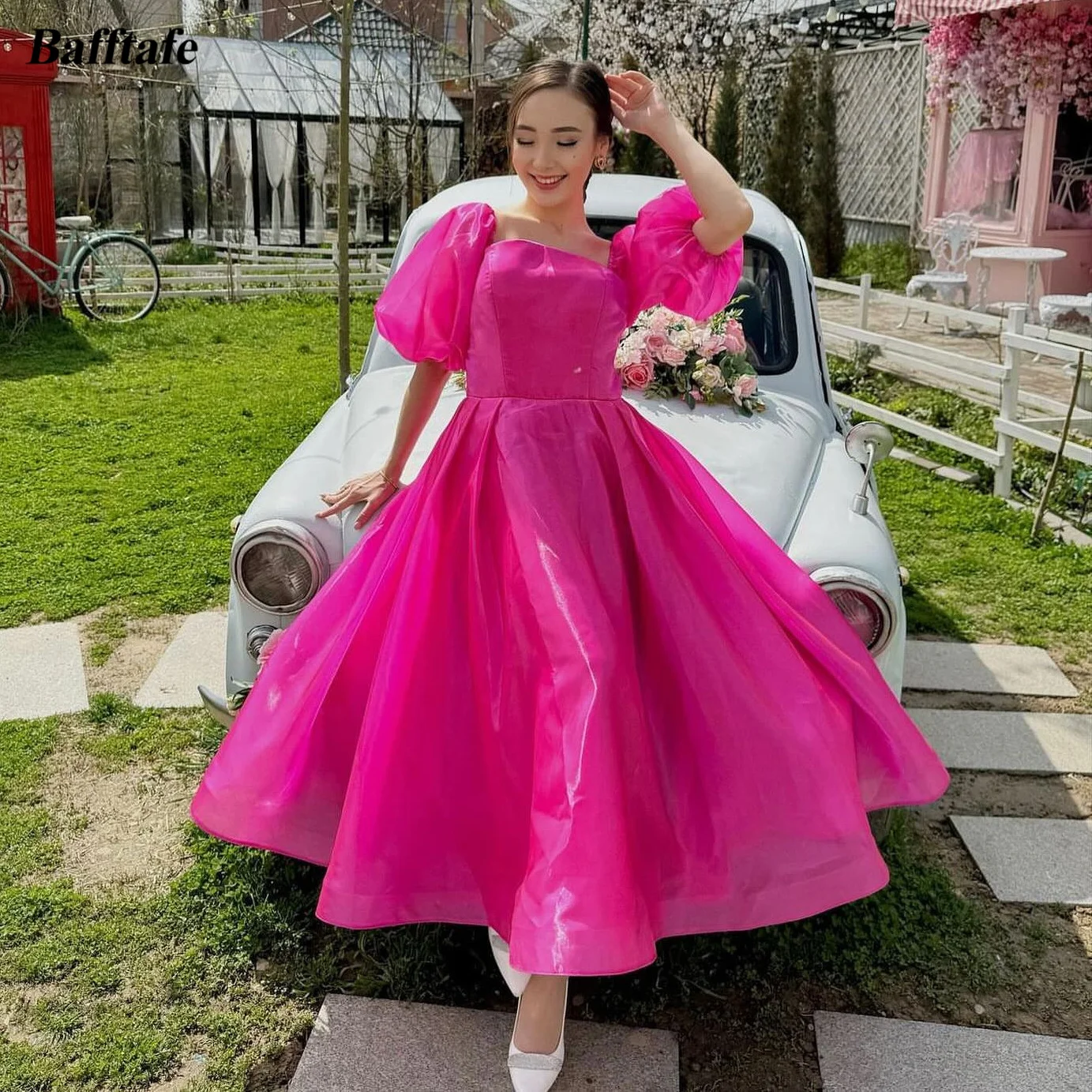 

Bafftafe Custom Made Fuchsia Organza Midi Prom Dresses Short Sleeves Women Formal Evening Gowns Specail Occasion Party Dress