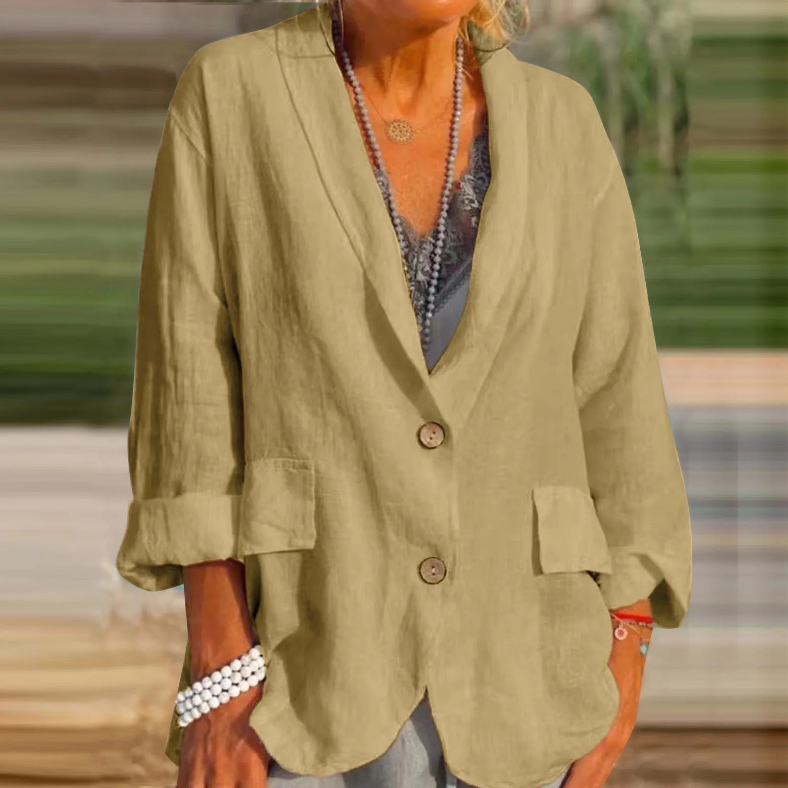 Blazer en Lin pour Femme, à Manches sulf, Vêtement de Travail, Couleur Unie, Ouvert Devant, Élégant, avec Poches, Manteau Trempé