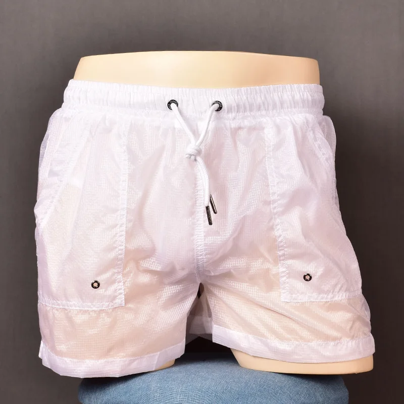 

Men's Fashion Semi-transparent and Light Sports Shorts Fitness Low Waist Inner Mesh Double Layer Breathable Home Shorts Tide