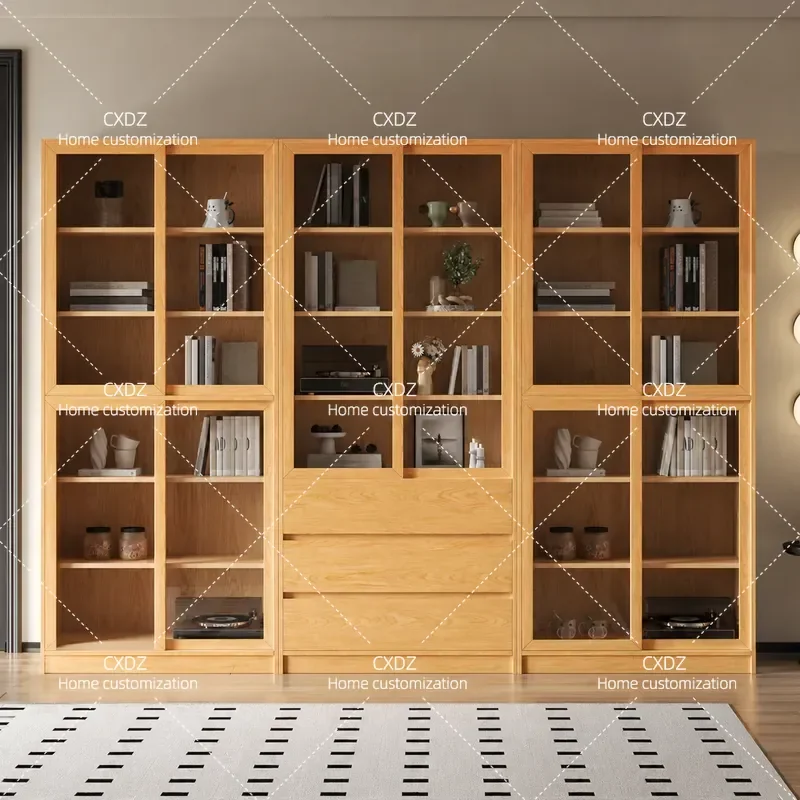Solid Wood Oak Bookcase Sliding Door Glass Shelf Floor to Ceiling Simple Modern Home Bedroom Study Storage Cabinet