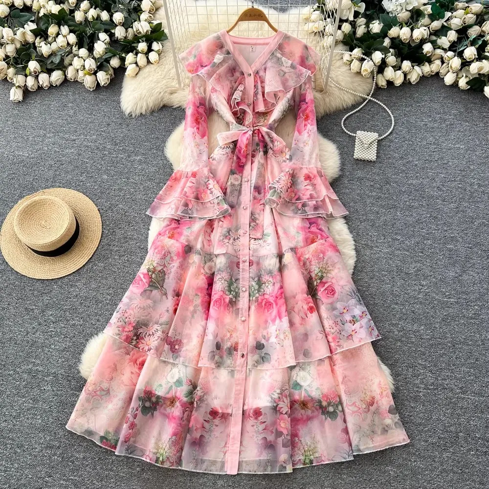 

Women Fashion Vintage Elegant Cascarding Dress 2026 Spring Summer Ruffles V-Neck Single Breasted Long Chiffon Party Dresses
