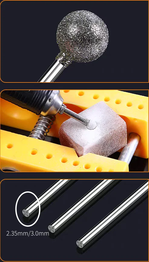 Jrealmer 10 Buah Mata Bor Berlian Bulat Shank 2.35Mm Alat Putar Dremel Burr Alat Abrasif Ukiran dan Etsa