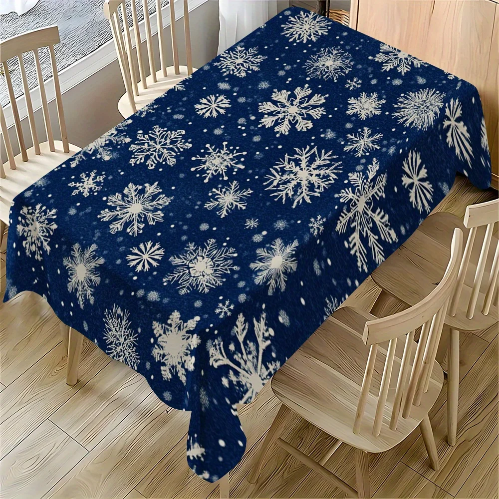 Winter Snowflake Tablecloth Navy Blue Background White Snow Christmas Decoration Rectangle Table Cover for Party Banquet Decor