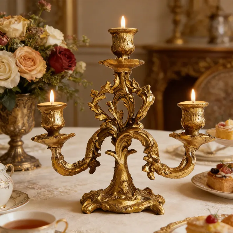 

European Retro Carved Three-headed Candlestick Table Ornament Romantic Candlelight Dinner Shooting Props Home Candle Holders