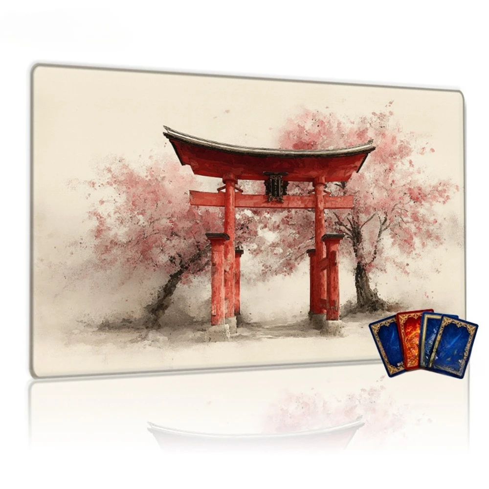 The unique Japanese-style red torii gate and cherry blossom game mat are perfect for card game enthusiasts and family activities