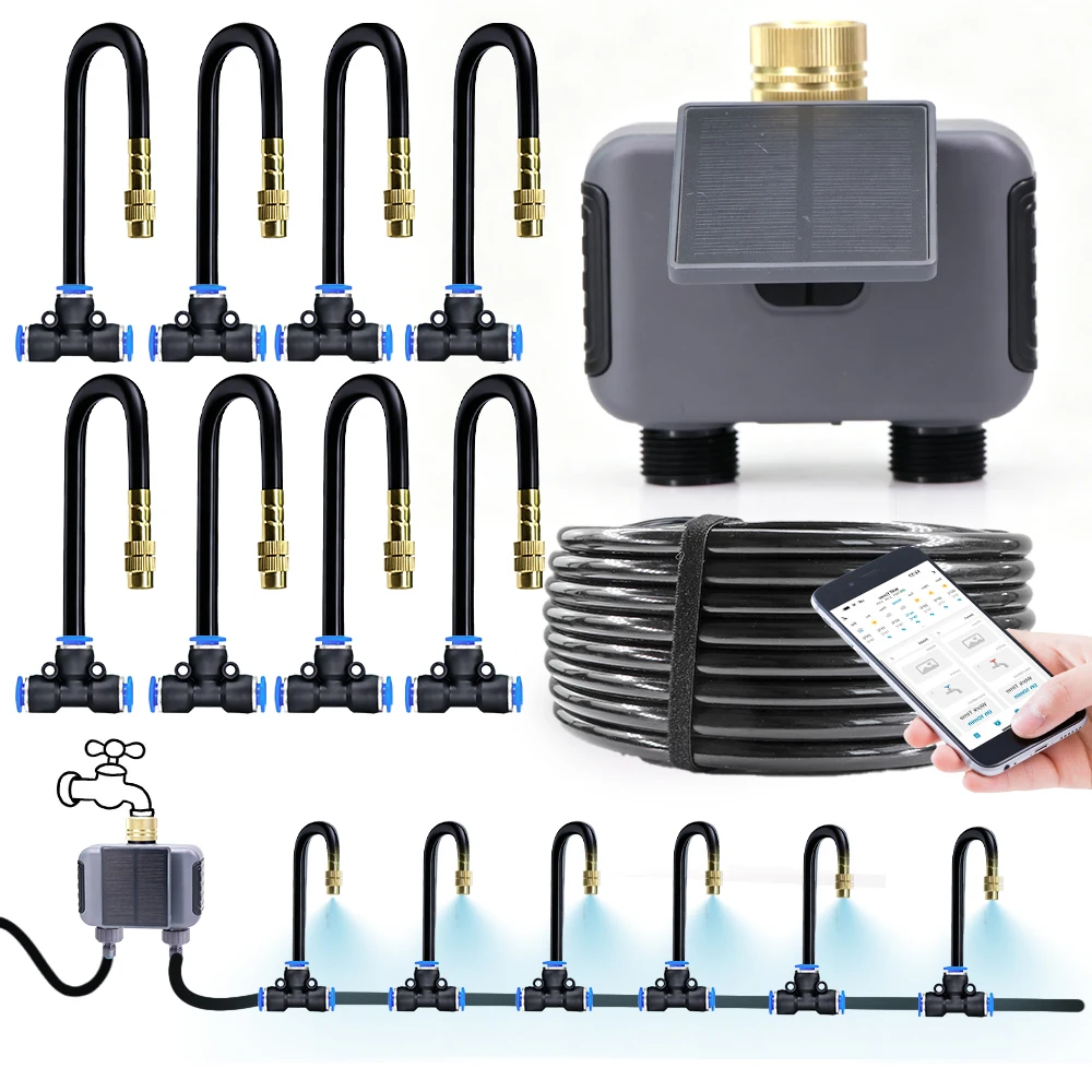 2-Way Solar Power Wifi Timer Spray Irrigation System for Garden Lawn Smart Remote Controllers Timed Misting Cooling Watering Kit