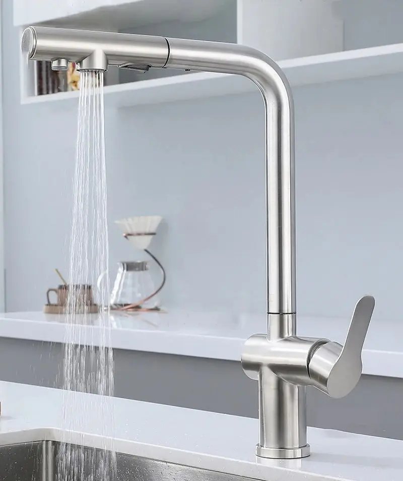 Keran Wastafel Dapur Tarik Keluar Dua Model Nosel Penyemprot Aliran Baja Tahan Karat Keran Mixer Air Panas Dingin Air Minum Filter 3 Arah